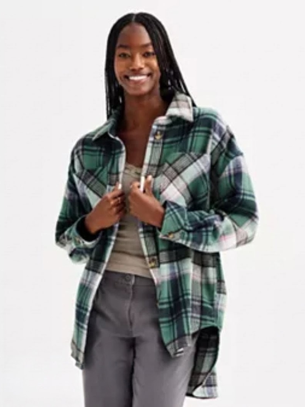 SO Green Plaid Button-Up Shacket, NWT